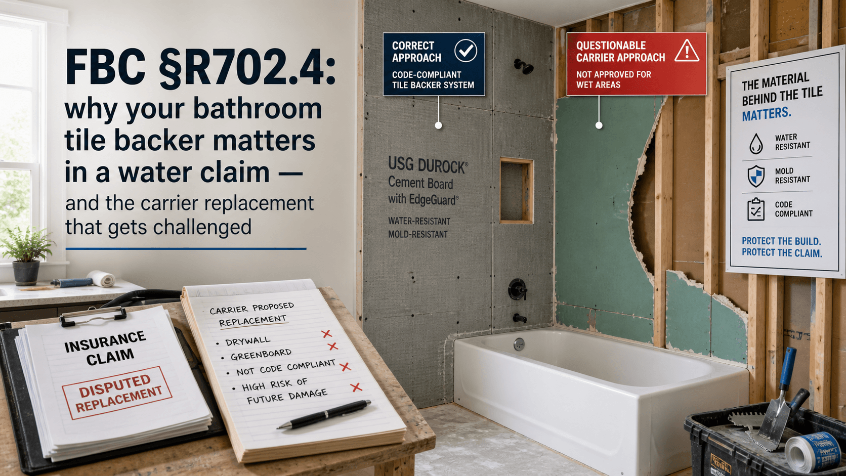 FBC §R702.4: why your bathroom tile backer matters in a water claim — and the carrier replacement that gets challenged
